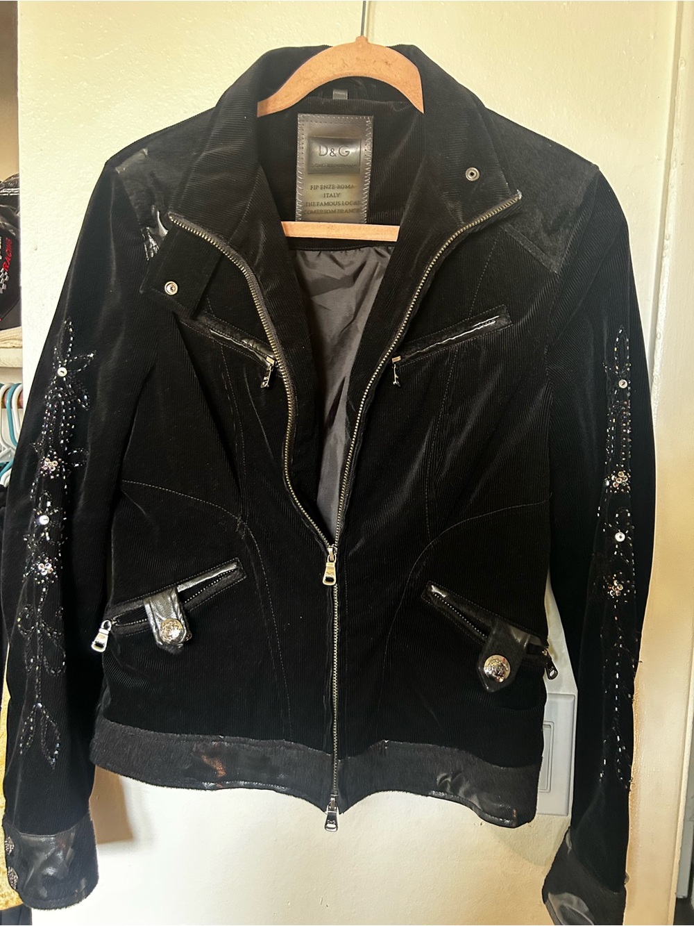 D&G Black Moto-Style Jacket with Embellished Sleeves